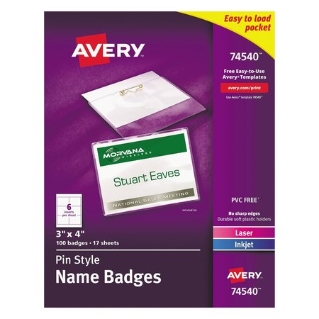 AVERY DENNISON Badge Pin, 3 x 4, PK100 74540
